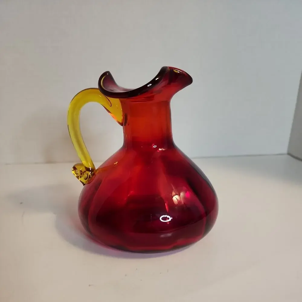 VTG Red Art Glass Optic Creamer Cruet Hand Blown Yellow Trim & Applied Handle